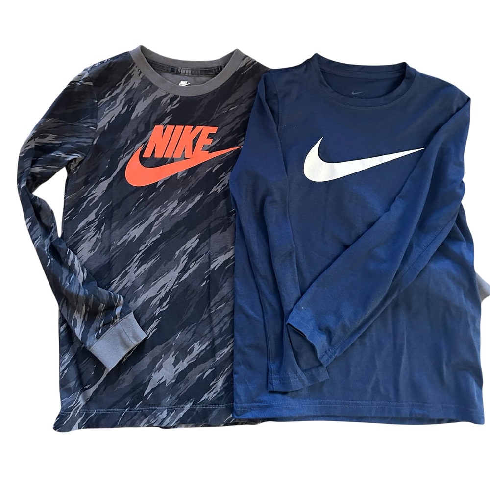 Nike Boys Small Long Sleeve Shirt Lot 2 Dri-FIT Camo Orange Logo Swoosh Youth S